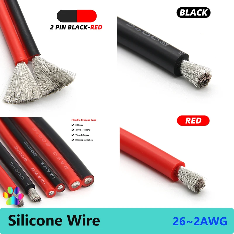 

1/5/10m Super Soft Silicone Red Black Wire 26 24 22 20 18 16 14 12 10 8 6 4 2AWG Car Battery Electrical Power Cable