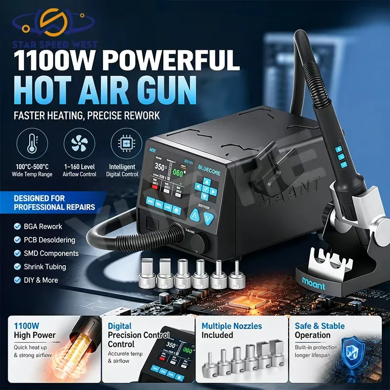 MaAnt Blue Core B11 Intelligent Hot Air Gun 1100W 100-500℃ Precise Temperature Control Soldering Rework Station For Phone Repair