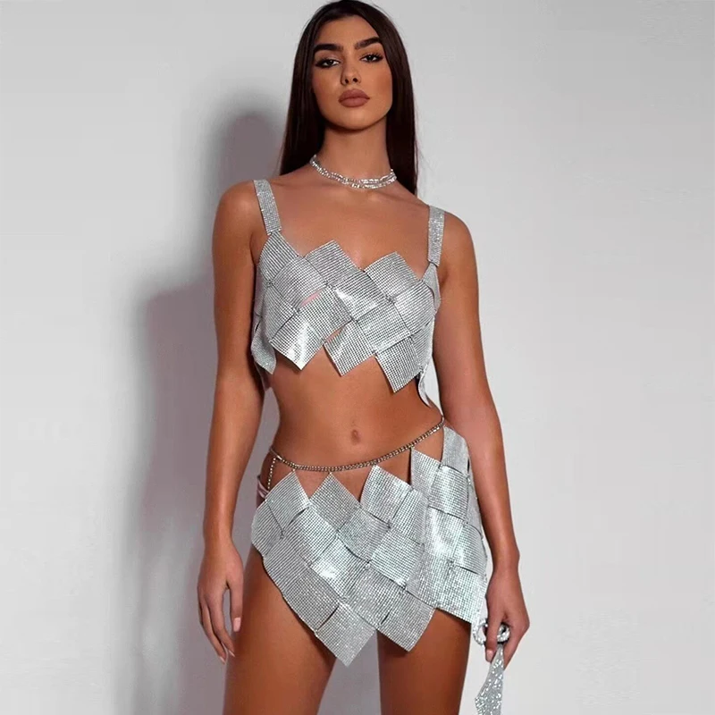 Shiny Crystal Rhinestone Women 2-częściowy zestaw Sexy Hollow Out Backless Rhombus Splicing Tank Tops Diamond Mini Skirt Club Outfits
