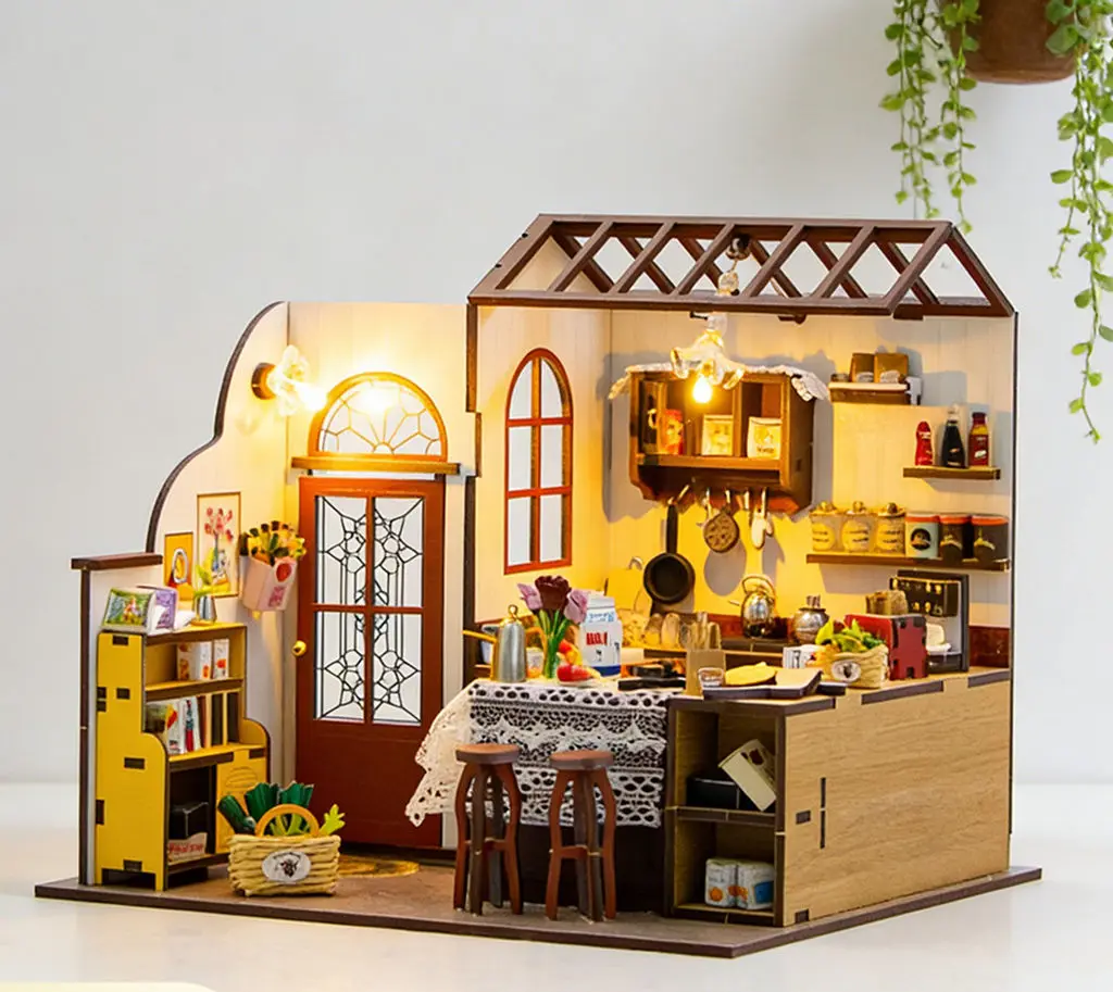 Casa en miniatura de microescena de madera DIY, kit de montaje artesanal, adorno de escritorio creativo para regalo de Hobby y decoración del hogar