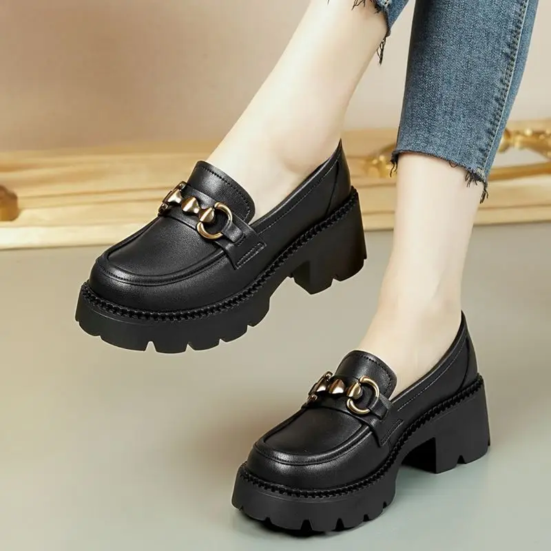 

2025 Spring and Autumn Platform Loafers Women's Thick Sole Shoes Fashion Soft Height Increase Leather Shoes Footwear