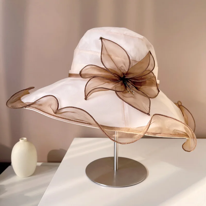 

High-end silk sunblock hat women's summer UV-proof three-dimensional flower mulberry silk large rim sunshade basin hat