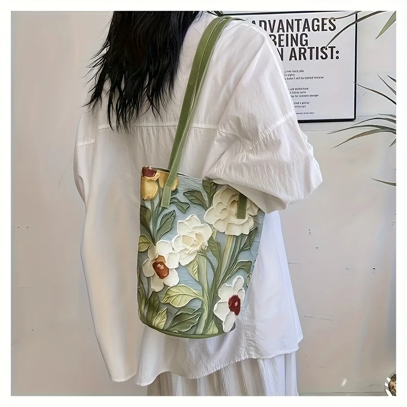 

2025 NEW Large-Capacity Bucket Bag for Women Fashion Handbag Casual Shoulder Storage with Lovely Flower Design Premium Sense