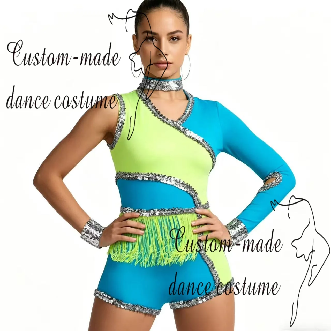 Green splicing lake blue long sleeved lake blue shorts with green tassel jazz performance costume customization