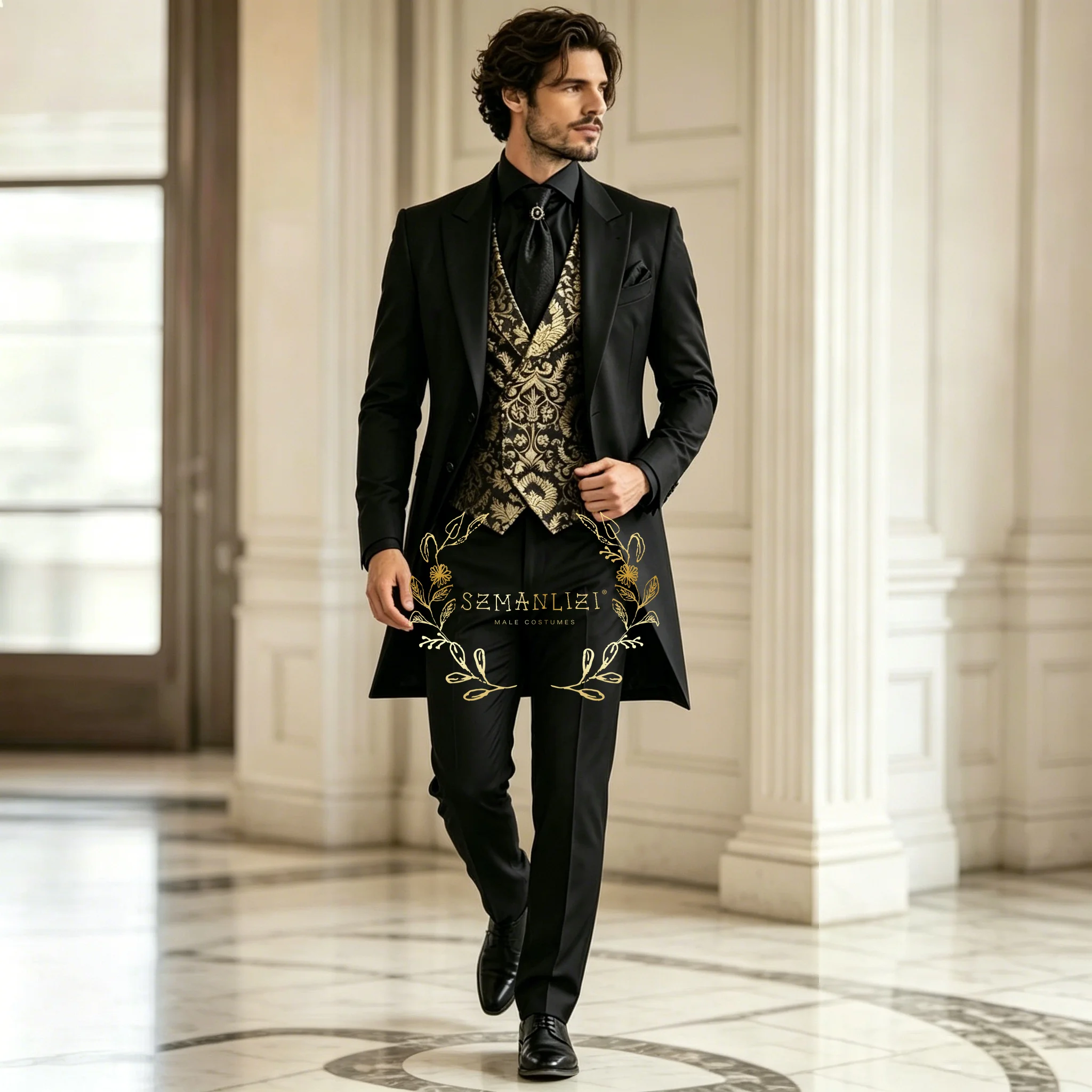 

Black Long Blazer Formal Men Suits Wedding Party Groom Prom Business Male Tuxedos 3 Piece Set Jacket Vest Pants Costume Attire