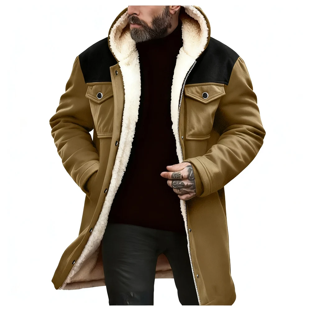 

Men Suede Plush Warm Jacket Hooded Long Sleeve Pockets Mid-length Coat Outerwear Cotton Jacket With Multiple Pockets And Zippere