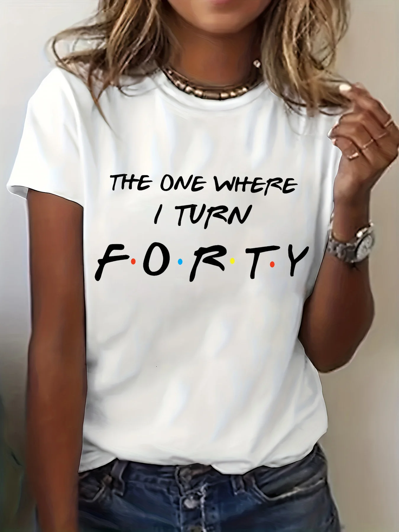 40th birthday i turn forty letter print t-shirt, short sleeve crew neck casual top for summer & spring, women's clothing