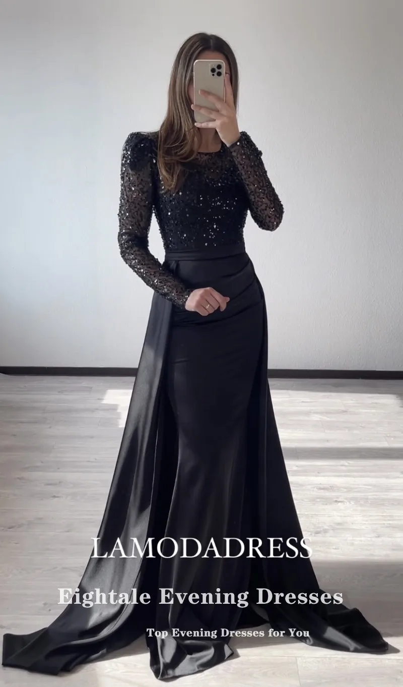 Eightale Luxury Evening Dresses with Detachable Skirt Black Long Sleeves Customized Mermaid Party Prom Gown Vestidos De Noche