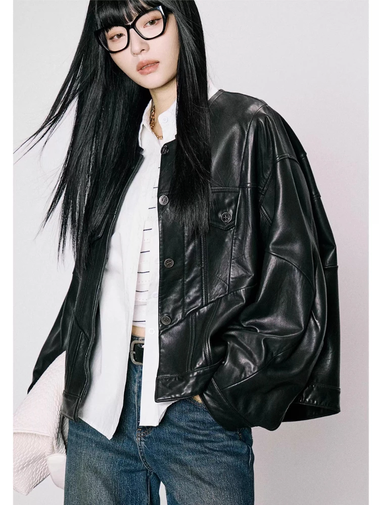 Casual Echtes Leder Jacken Frauen Frühling Herbst High-end-Einfache Stehkragen Einreiher Weiche Schwarz Echt Schaffell Mantel