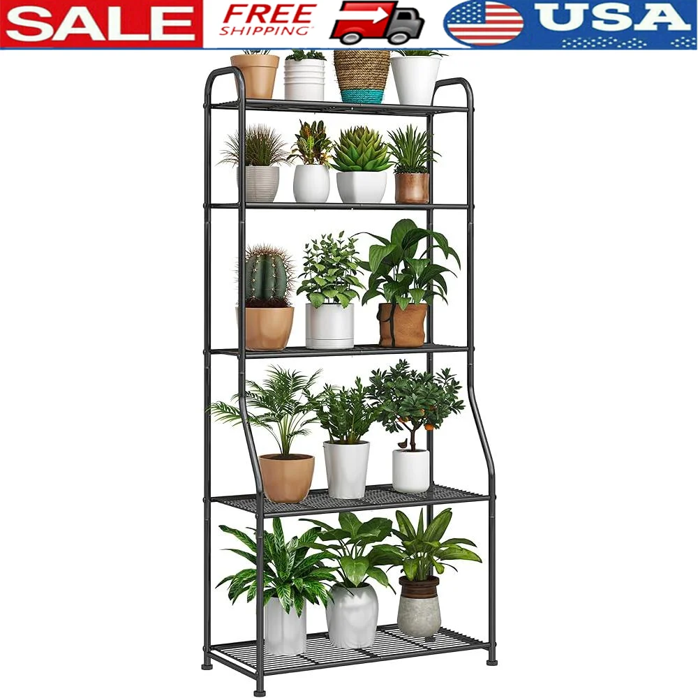

5-Tier Plant Stand Waterproof Metal Indoor Outdoor Storage Shelf Living Room Bathroom Balcony Garden Black Durable Sturdy