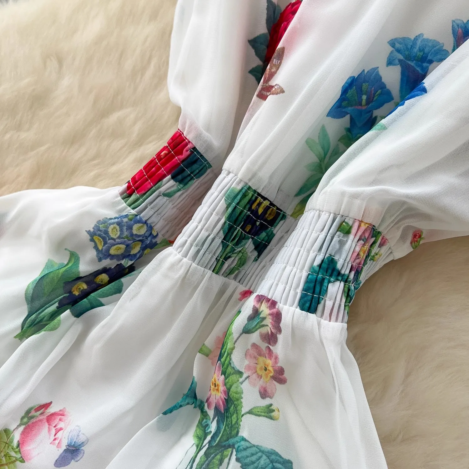 Letnie wakacje Wspaniała sukienka w kwiaty Damska bez rękawów, z falbankami, dekoltem w kształcie litery V, kwiatowym nadrukiem, guzikami, szyfonowa, artystyczna szata Vestidos