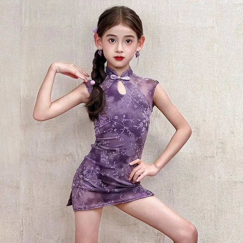 

New Latin performance costumes, high-end dance costumes, and girls' purple printed slim fit qipao practice sets