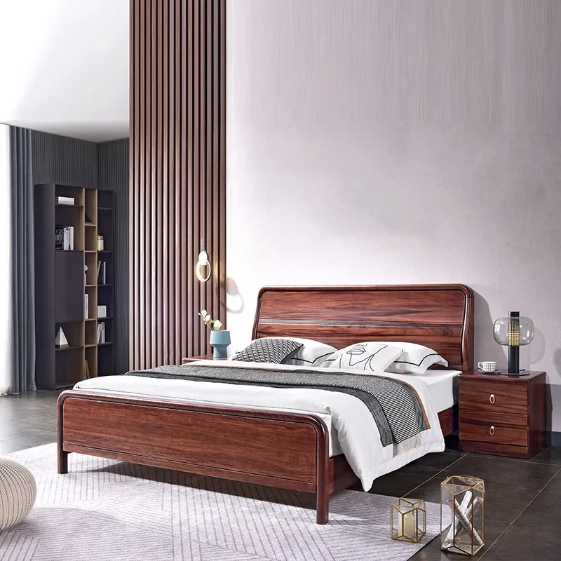 Modern Simple Black All Solid Wood Double Bed with High Box Storage for Master Bedroom Chinese Wedding Bed