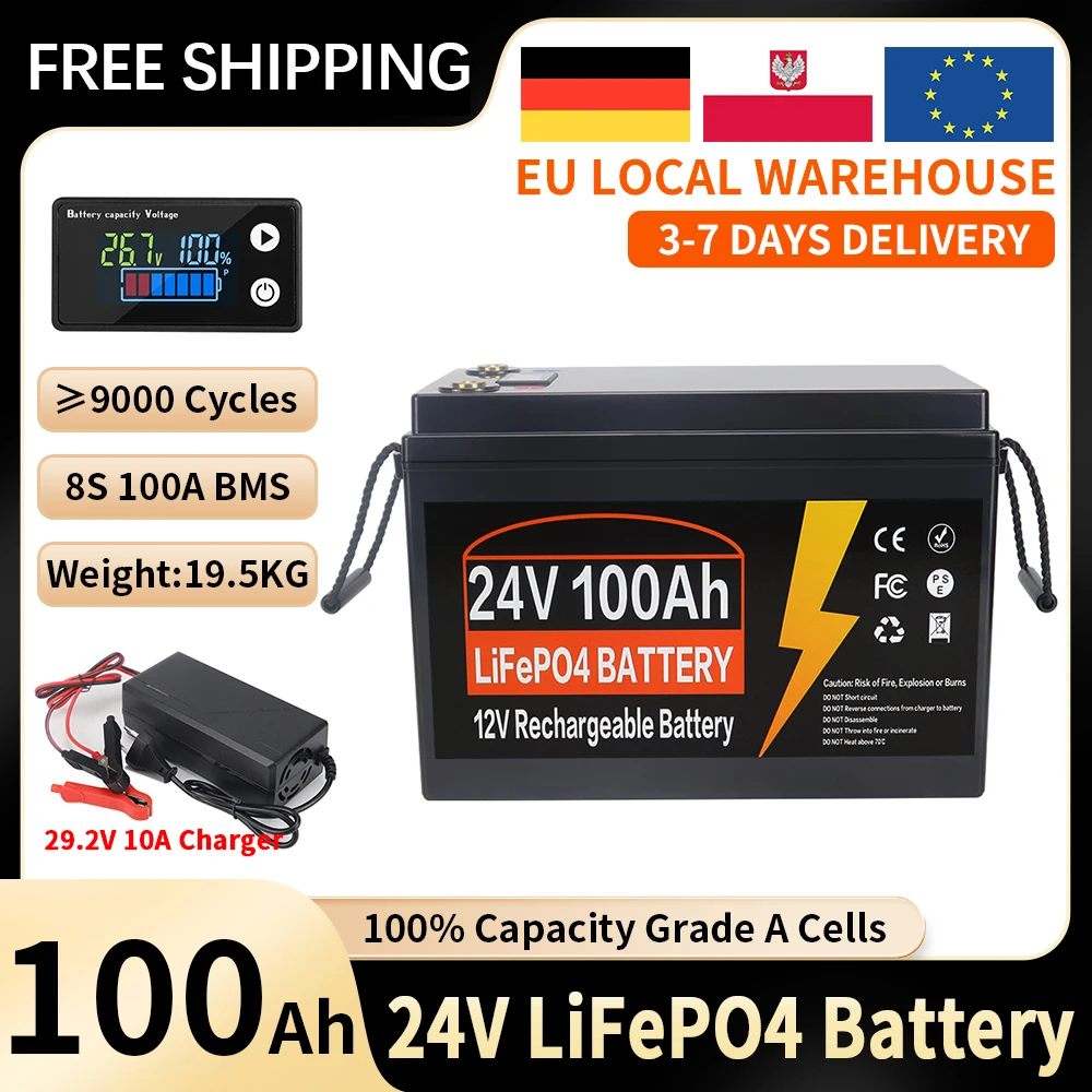12V 24V 100AH 200AH 350AH LiFePo4 Batterij met ingebouwde BMS Lithium IJzer Fosfaat Cel 9000 cycli voor campers, golfkarren, EU voorraad, belastingvrij