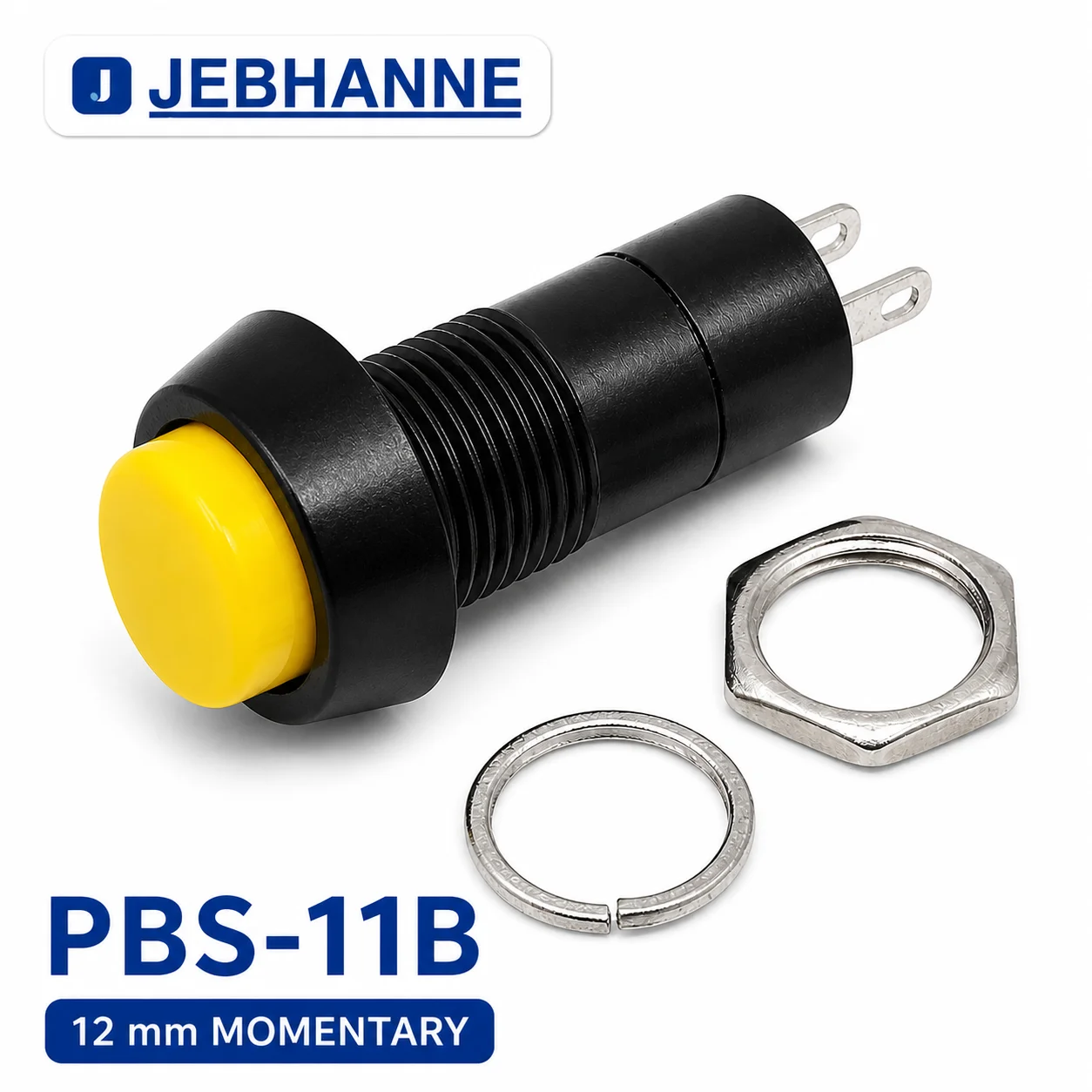200PCS PBS-11B 12mm Momentary Push Button Switch Yellow Self Reset Panel Mount 2 Pin Normally Open