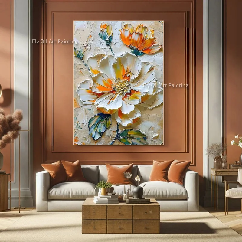 Abstract Handmade Large White Orange Knife Canvas Thick Wall Art New Special Artwork Colorful Florals Oil Painting For Home