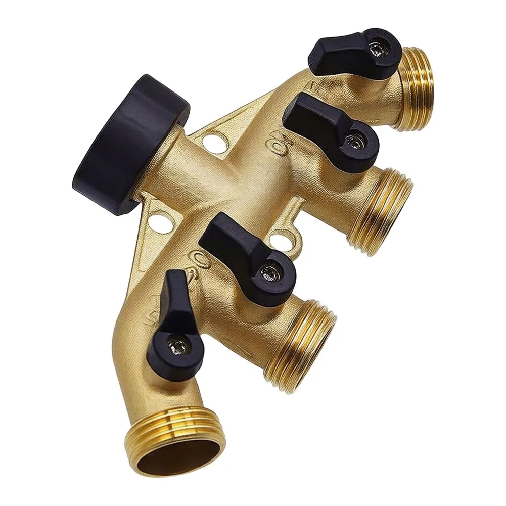 Brass Garden Hose Splitter 4-Way Solid Brass Hose Connector 3/4\'\' Hose Spigot Adapter 4 Valves With 4 Washers 1 Sealing Tape