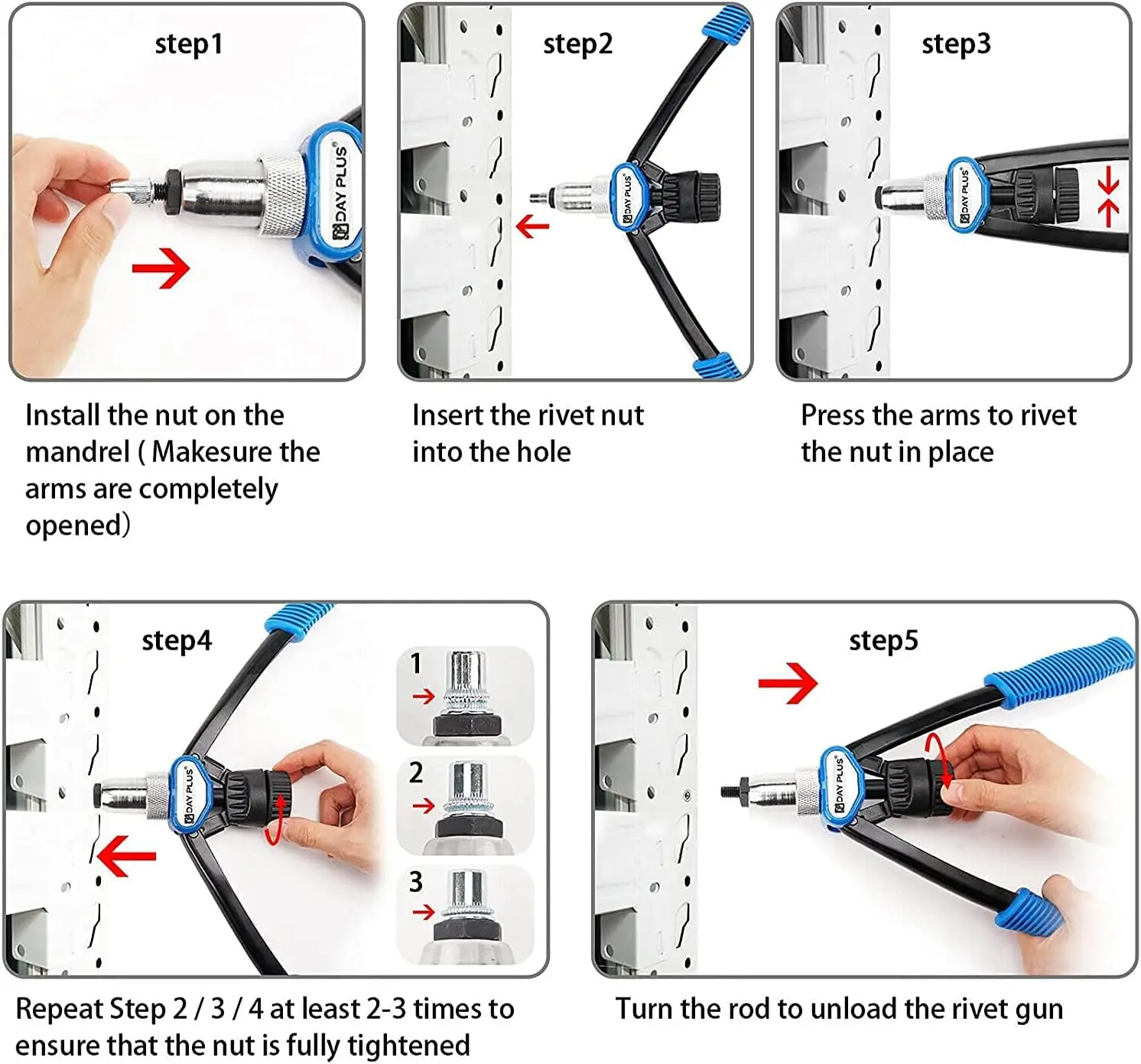 DayPlus Profi Nietmutternzange Set Blindnietzange Set Nietenmaschine Gewinde Nut Rivets M5 - M12 Werkzeug mit 150 Nietmuttern