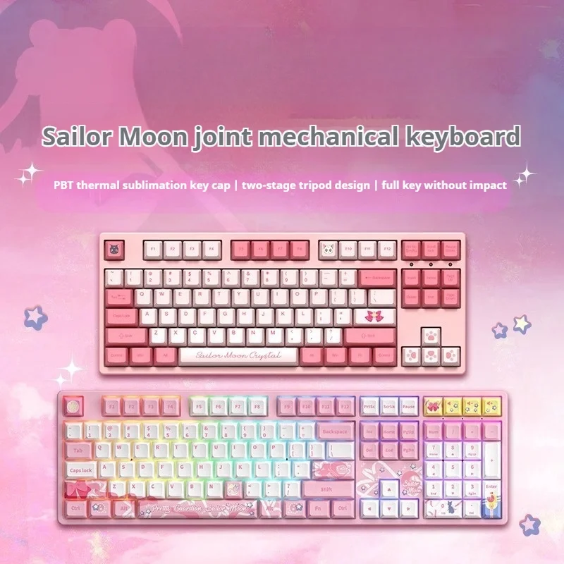 3087sailor Moon Co-Branded Mechanical Keyboard 88/108keys Hot Swappable Pbt Hot Sublimation Keycap Customized Pink Office Game