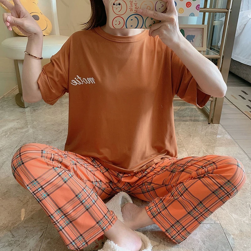 1Set pigiama estivo Set ragazza t-shirt a maniche corte Plaid pantaloni lunghi Sweet Housewear Suit donna