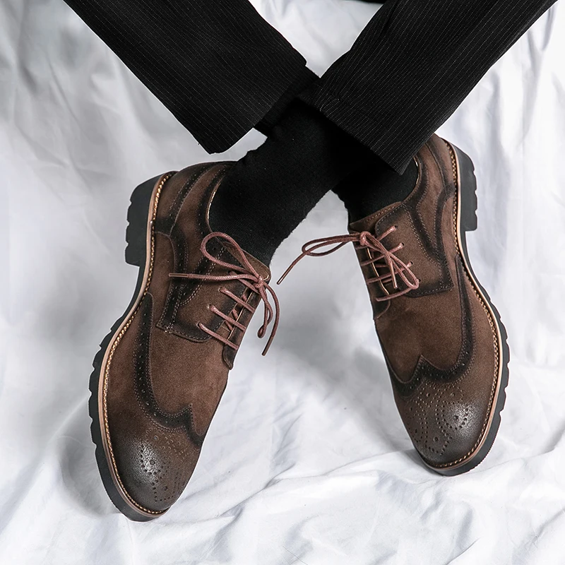 New Men Dress Shoes Brogue Shoes Flock Round Toe Lace-up Office & Career Men Shoes  Size 38-46