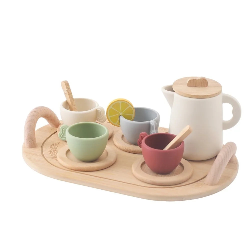 Funny Silicone Afternoon Tea Set Wooden Role Play Game Montessori Toys Mini Kitchen Utensils Kids Gifts