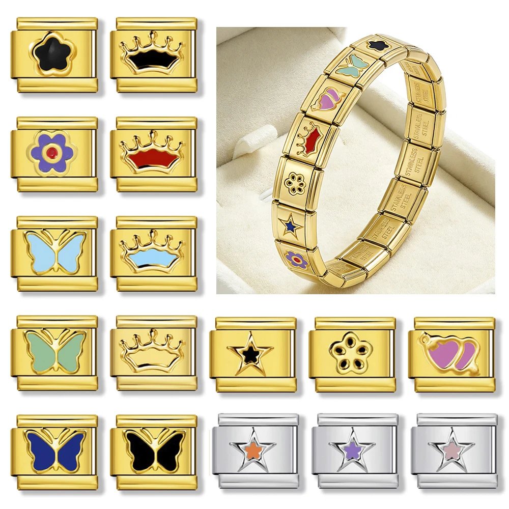 New Trendy Bangle Gold Color Crown Star Butterfly Flower Italian Link fit 9mm Charm Jewelry DIY Making Stainless Steel Bracelets