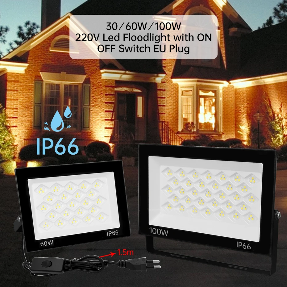

Уличный светодиодный прожектор 30W 60W 100W AC220V с вилкой-переключателем EU/AU/UK, светодиодный прожектор IP66 для освещения сада и гаража