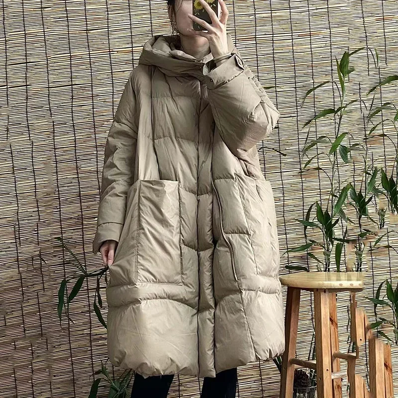 Midi Length White Duck Down Straight Leg Thick Cotton 2022 Loose Double Zip Concealed Button Hooded Large Pocket for Women