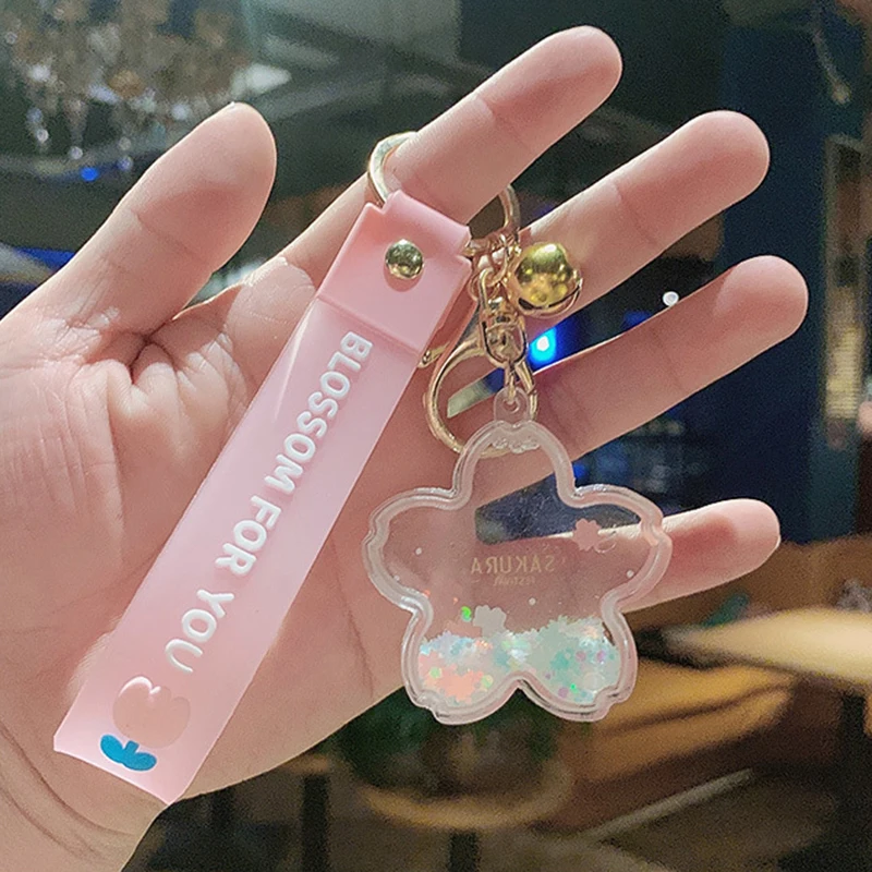 Fashion Flower Type Quicksand Hourglass Sakura Bottle Key Chain Girl Bag Pendant Cartoon Cherry Blossom Sequins Liquids Keychain