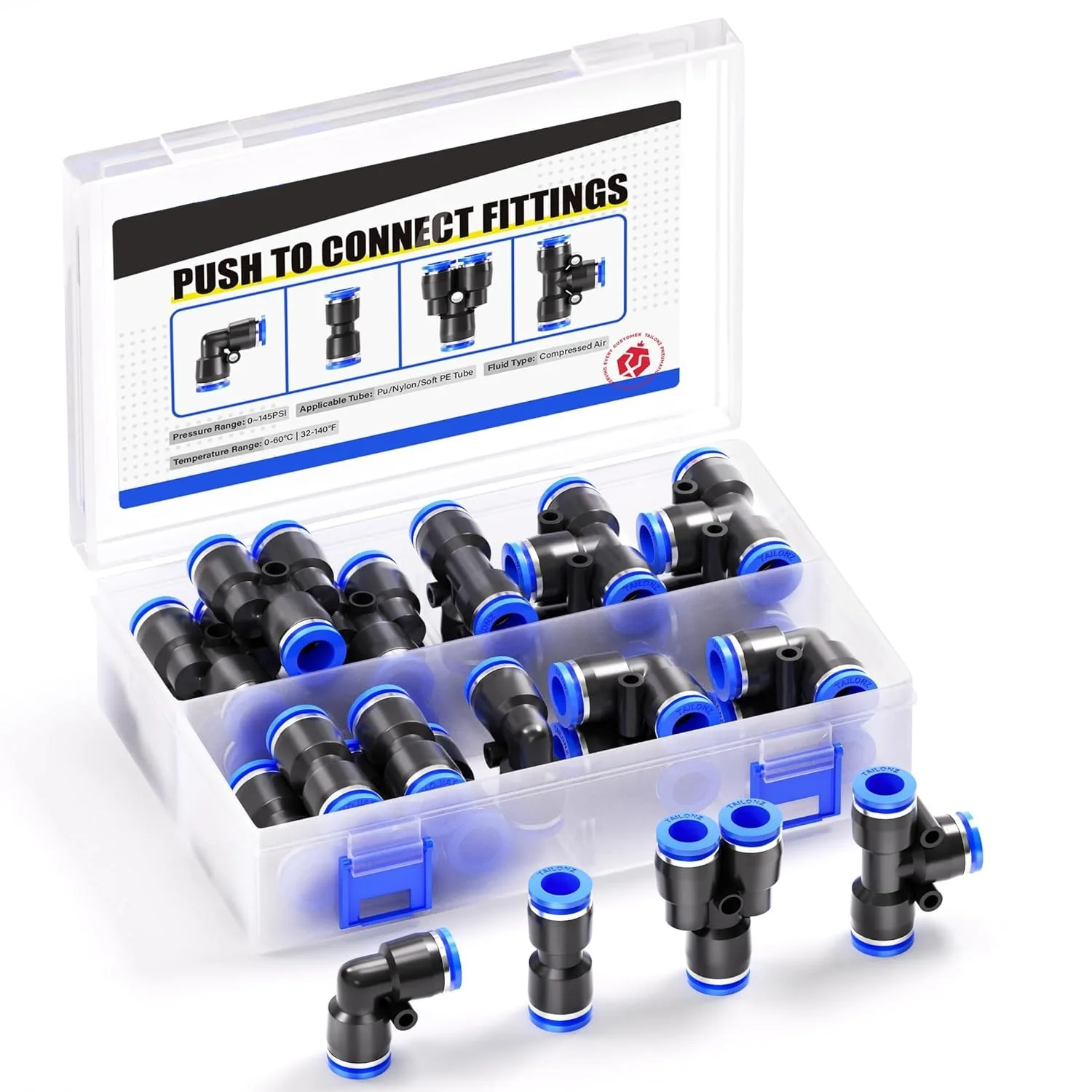 Pneumatic 1/2 Inch OD Push to Connect Fittings 20PCS Assortment Thread Straight Connector Kit