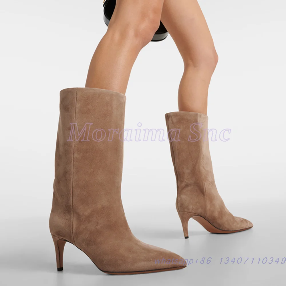 

Pointed Toe Suede Leather Ankle Boots Stiletto High Heel Slip On Fashion Sexy Women's Short Boots Khaki Solid Autumn Winter 2025