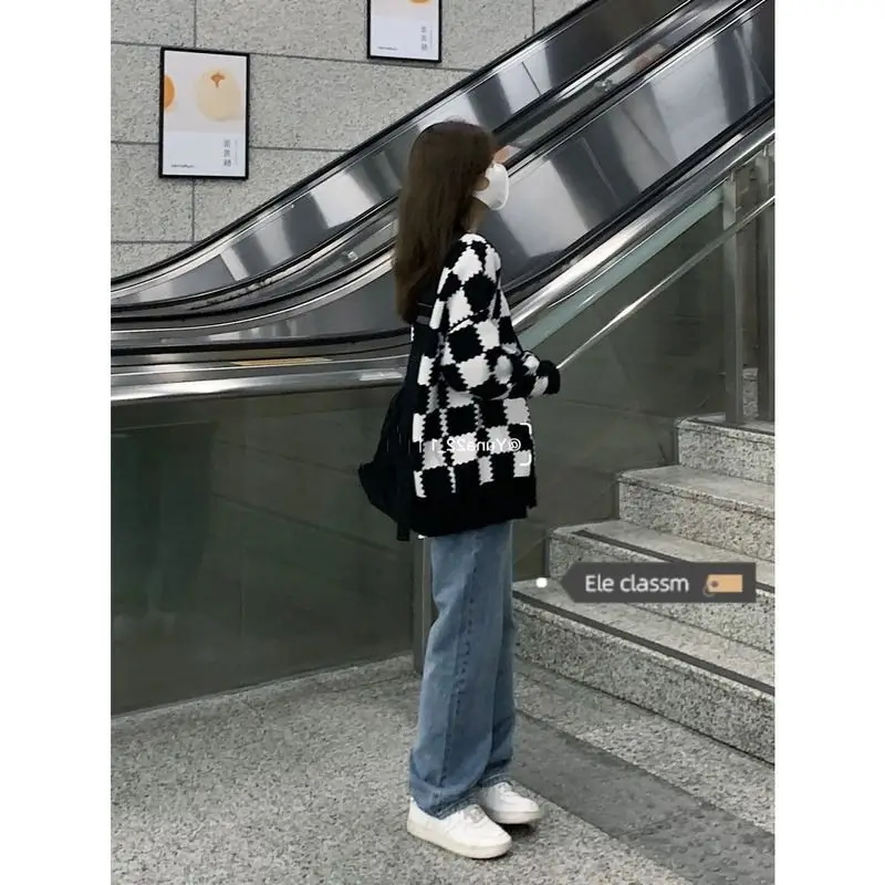 2023 Autumn/Winter New Checkerboard Pattern Loose Thickened Knitted Sweater Jeans Two Piece Set Lazy Fashion