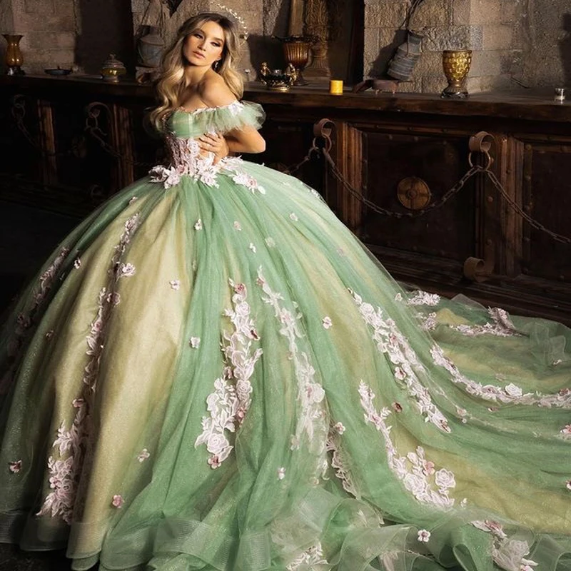 

Lorencia Green Sweetheart Quinceanera Dress Ball Gown 3D Floral Appliques Lace Tull Corset Sweet 16 Vestidos De 15 Años YQD622