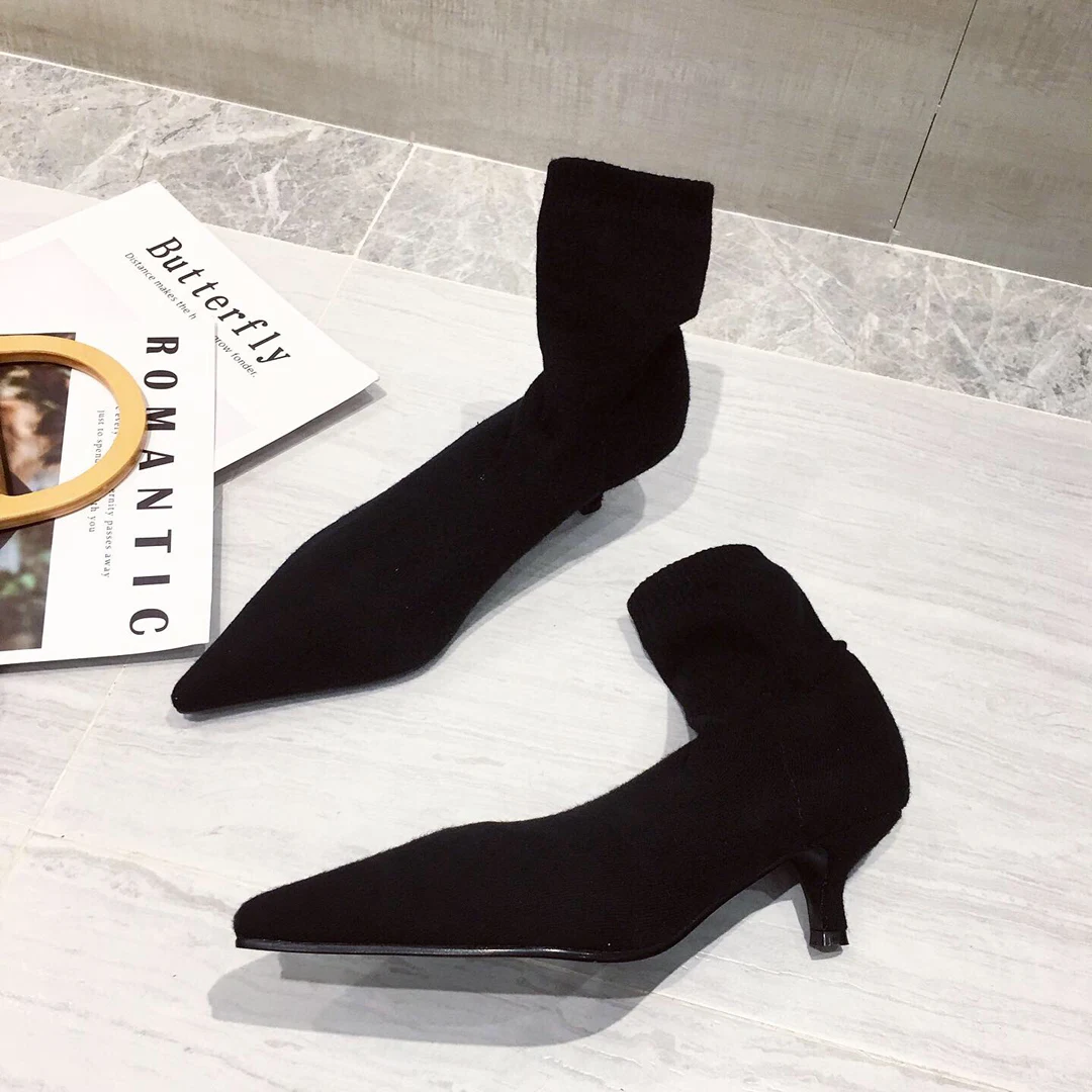 AIYKAZYSDL 2024 Autumn Kitten Low Heel Ankle Boots Women Pointed Toe Slouchy Stretch Short Bootie OL Shoes Gray Sock Boots