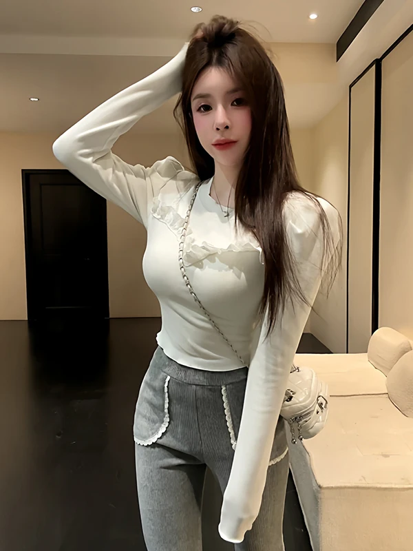 

Весна 2026: Белый кружевной топ с длинным рукавом, приталенный, базовый слой, высококачественный, нейтральный, универсальный крой