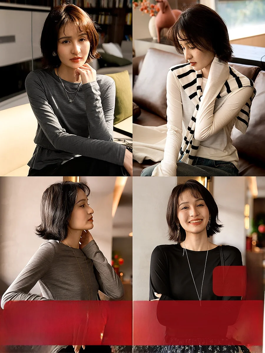 

Soft Comfortable Long Sve T-irt Four-Color Cloud Muscle Gentle Sle Stand Fit Pure Color Wool Camere Lenzing Fiber