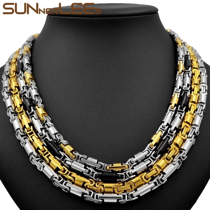 SUNNERLEES Jewelry Stainless Steel Necklace 6mm Geometric Byzantine Link Chain Silver Color Gold Plated Men Women Gift SC136