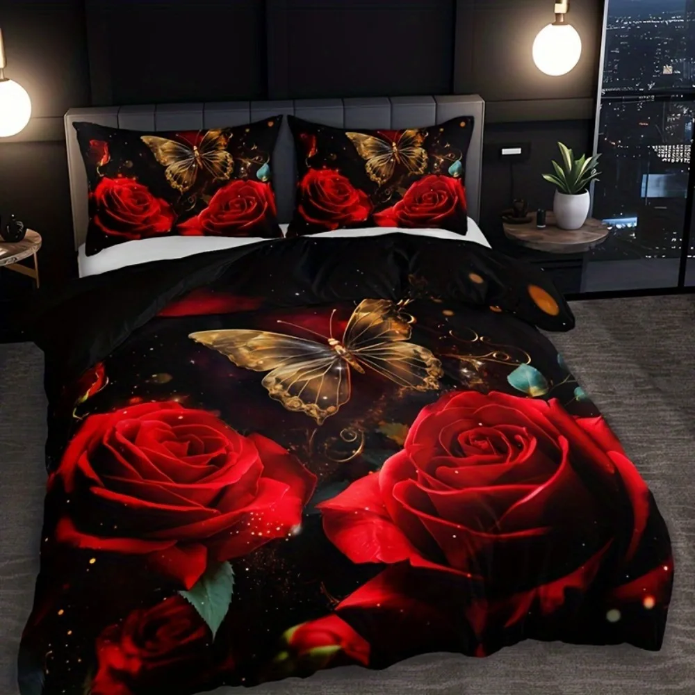 3pcs Bedding Set Black Red Rose Butterfly Print Cozy Duvet Cover King Queen Twin Single Size Birthday Gift Adult Bedroom Decor