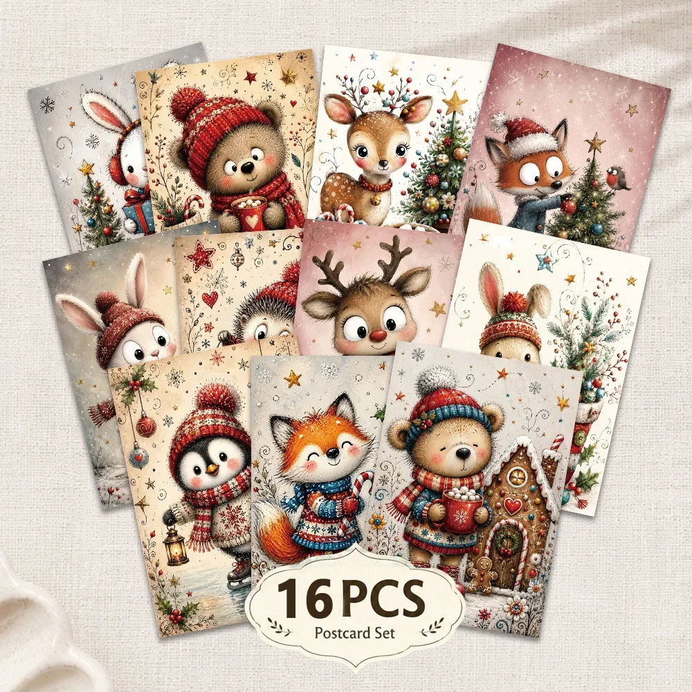 16pcs, Christmas Postcard, Retro Knit Cute Forest Animals, Bullet Journal Greeting Card, Bedroom Wall Decor, Collectible