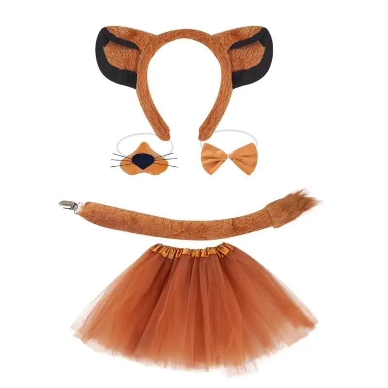 652F Halloween Leeuw-kostuumaccessoires omvatten Leeuwenoorhoofdband Leeuwenstaartneushandschoenen Bowtie Rok voor Kid Boy Girl