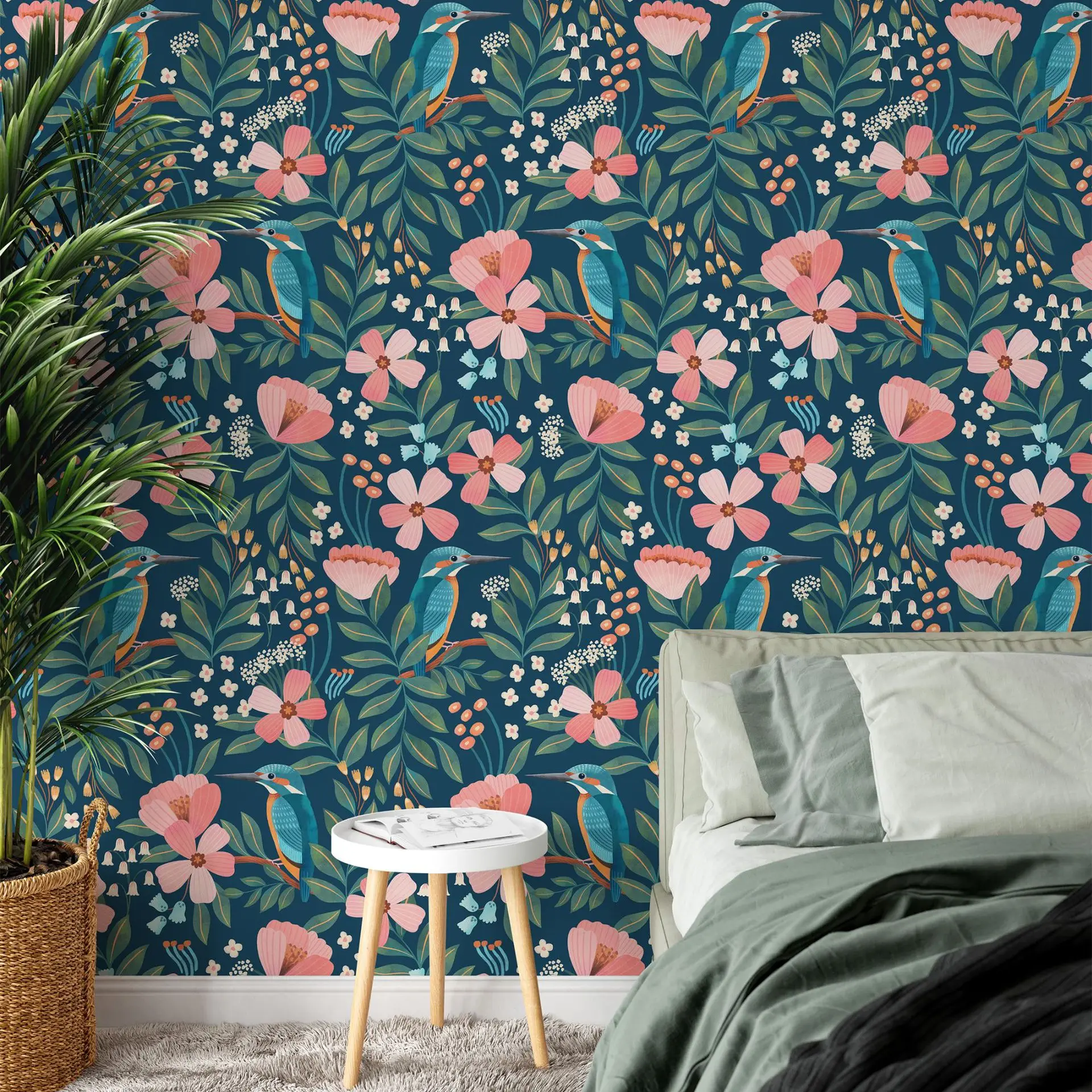 Vintage Floral Birds Self Adhesive Wallpaper Blue Pink Flower Peel and Stick Wallpaper Removable Stick on Contact Paper