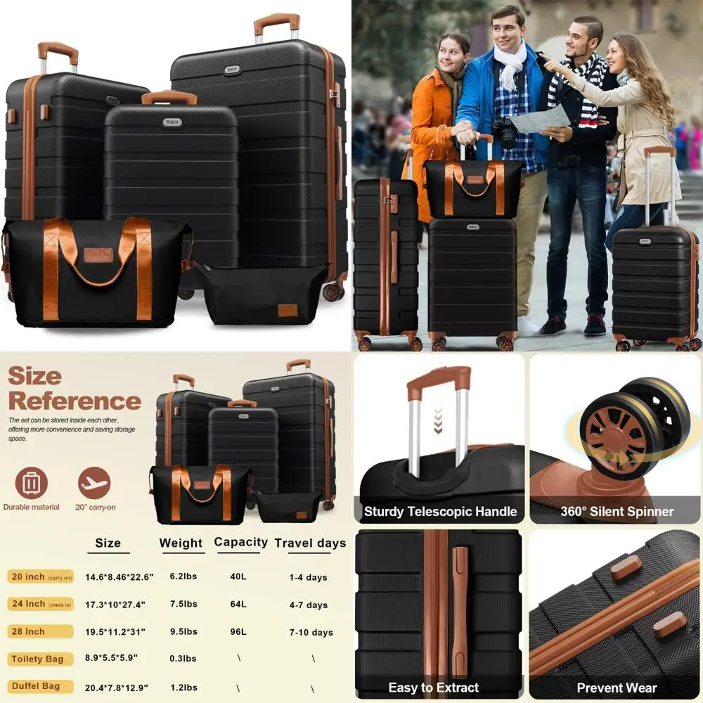 

Легкий набор чемоданов из 5 предметов из АБС-пластика с 4 универсальными колесами, замком TSA и ручной клади для путешествий