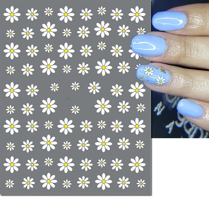 3d White Petals Florals Daisy Flowers Nail Art Stickers Adhesive Sliders Nail Decals For Nails Decoration Manicure Accessories