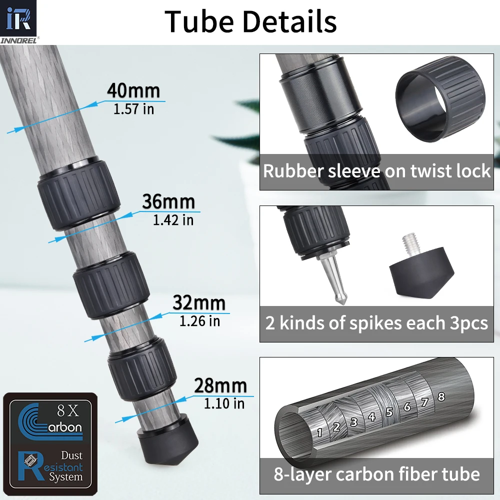INNOREL NT404C Profesjonalny statyw do aparatu z ciężkiego włókna węglowego Super stabilny górny uchwyt do obserwacji ptaków 40 mm Maksymalna rura