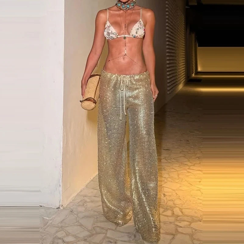 

Casual Pure Color Women's Night-club Pants Spring Summer New See-through Vacation Trousers Fashion Shiny Sequin High Waist Pants