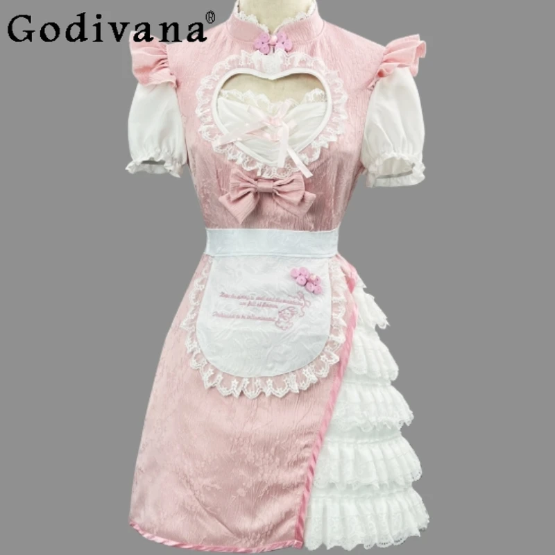 Chinese Style Improved Role Play Dress Women's National Style Maid Pink Dress Female Summer Cheongsam Cosplay Dress