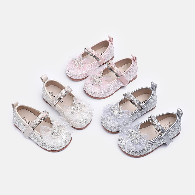 Girls Glitter Mary Jane Flats, Rhinestone Crown Tulle Bow, Pearl Strap Soft Non-slip Sole Wedding Princess Dress Shoes