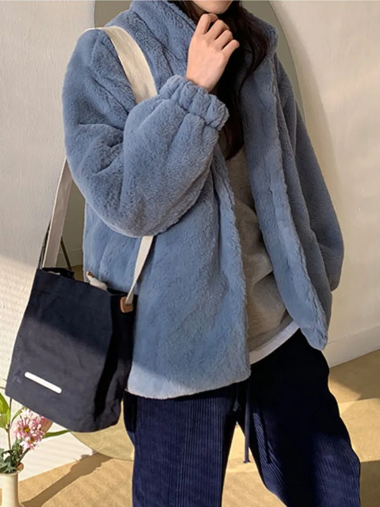 한국 슬레 스탠드 칼라 따뜻한 아우터웨어 퍼리 여성용 겨울 신상 루즈 다용도 롱 셔츠 탑 출퇴근용 봄 가을