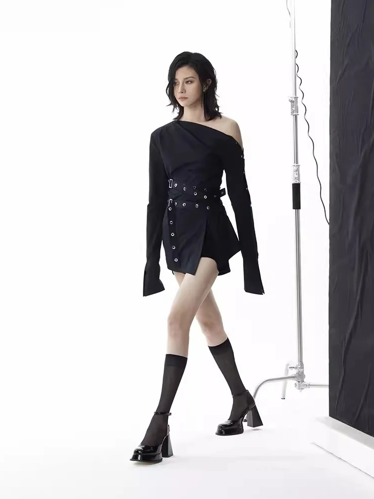 ReddaChic Retro Black Slant Shoulder Shirt Dress Women Long Sleeves Double-belt Strappy Split Acubi Fashion One-piece Mini Dress